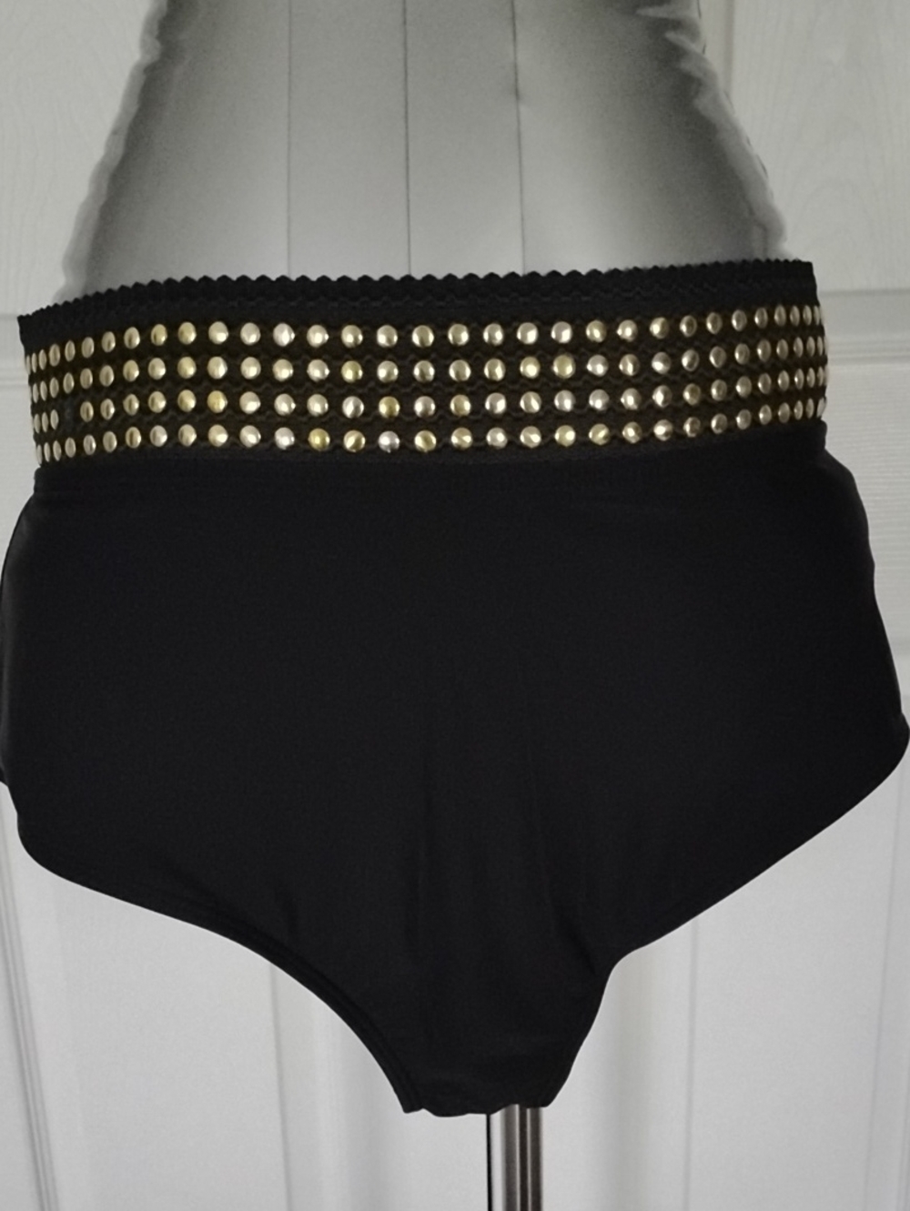 Black High-Waist Bikini Bottoms with Gold Stud Detail